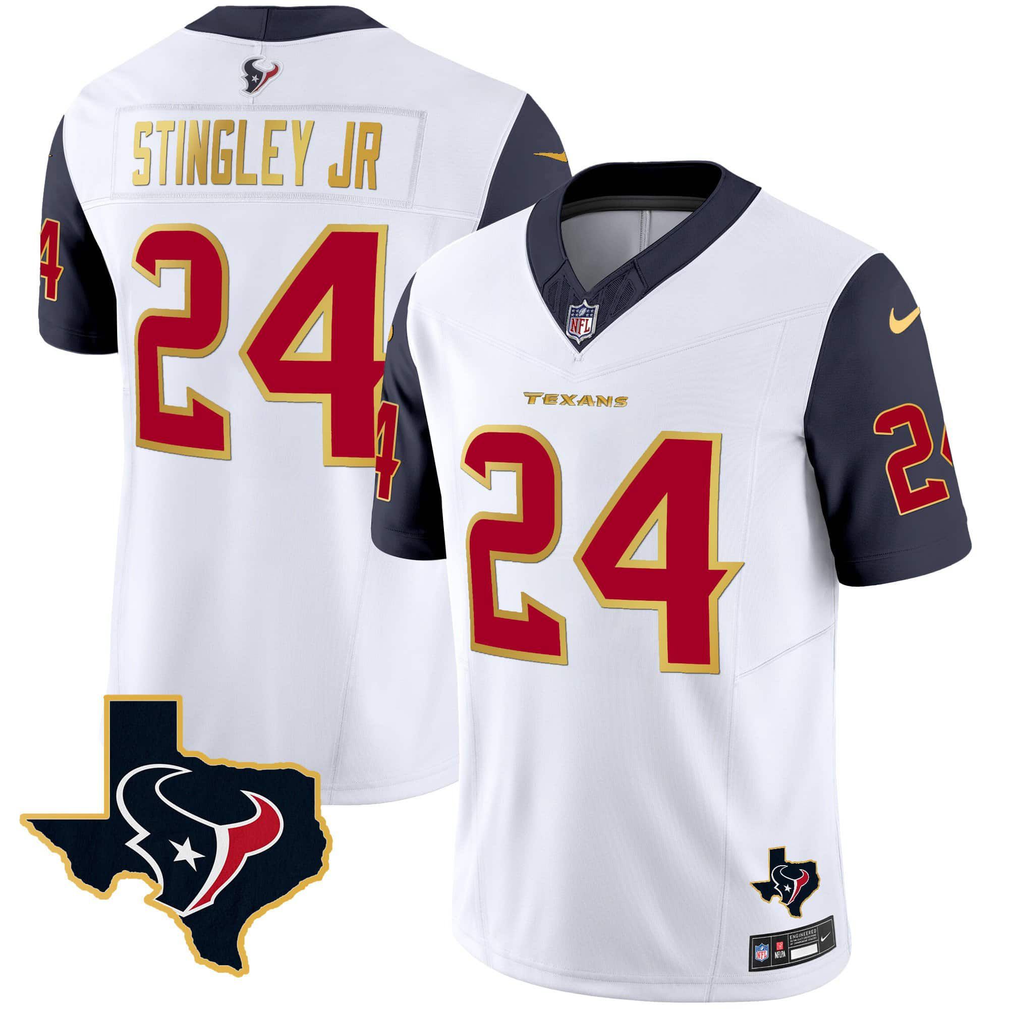 Men Houston Texans #24 Stingley jr White Gold 2024 Nike Trim Vapor NFL Jersey style 1